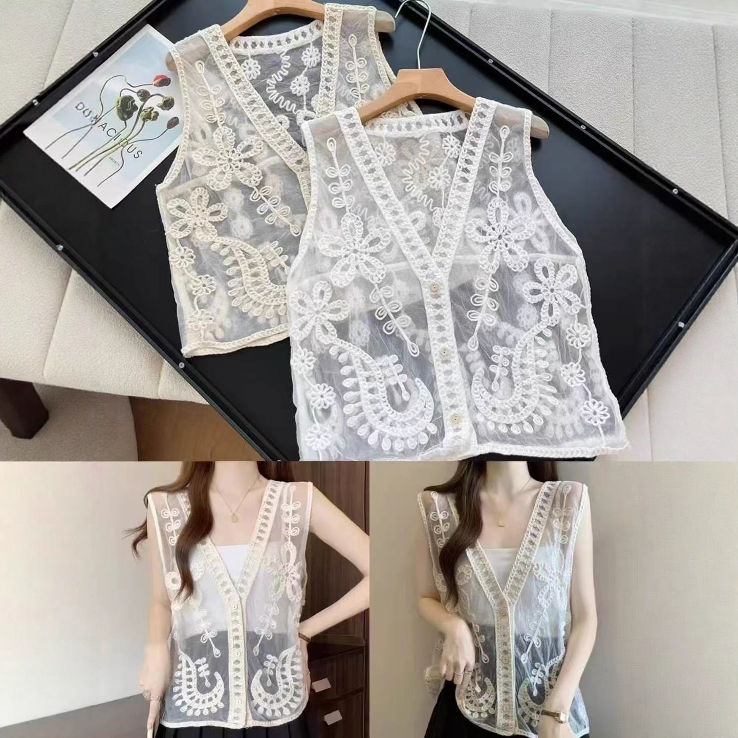 Personalized Embroidered Crochet V Neck Vest for Women Summer New Style Loose and Stylish Sleeveless Outer Cardigan Top Trendy