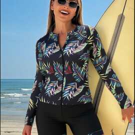 2026亚马逊外贸泳衣女分体平角裤长袖拉链防晒运动套装冲浪服泳装