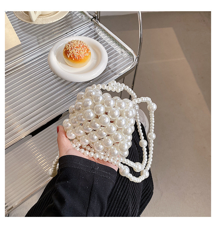 Solid Color Pvc Rhinestone Metal Buckle Open Bucket Type Flower Shoulder Strap Hollow Out Short Handheld Pearl Flower Shoulder Strap Big Pearl Shoulder Bags display picture 5