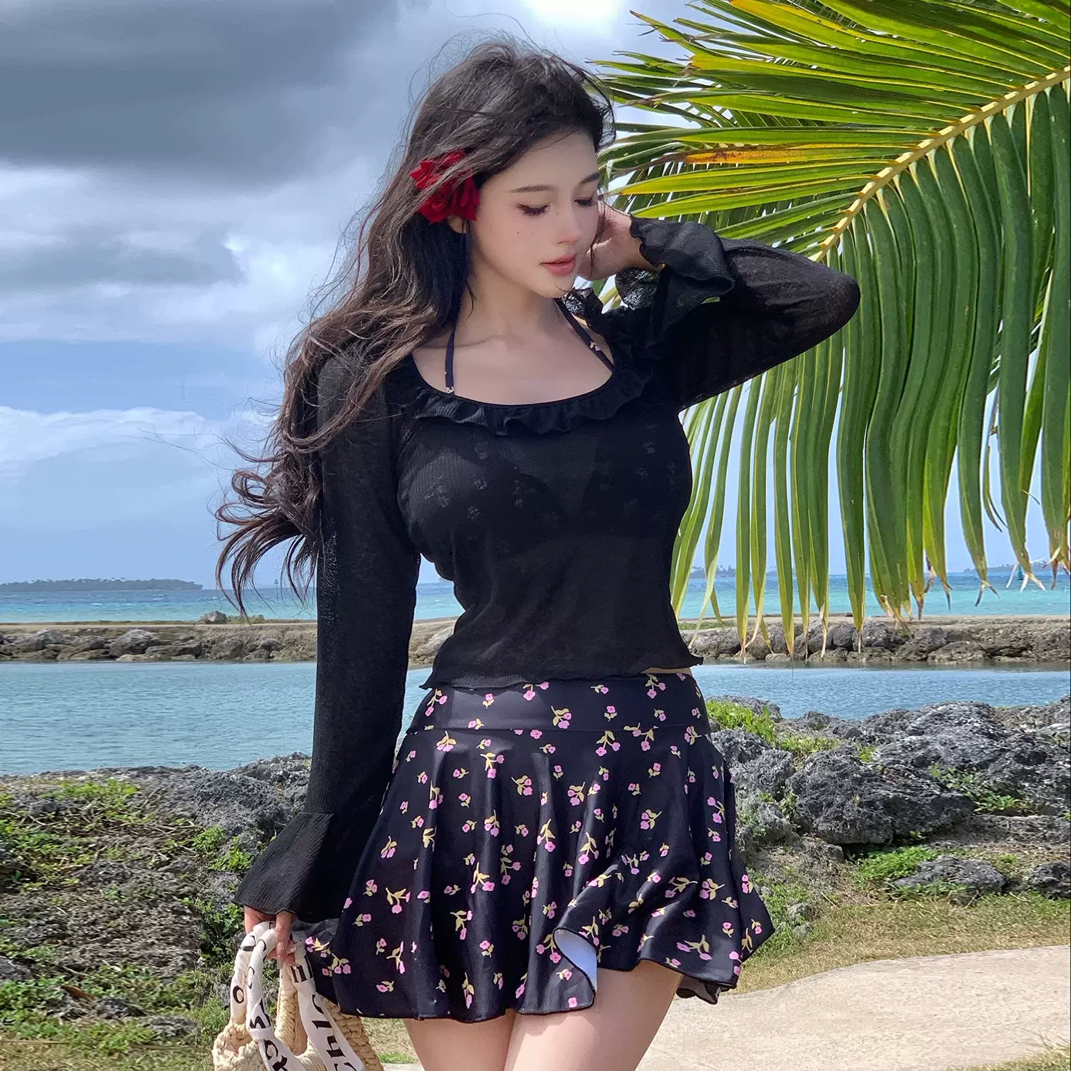大码泳衣女钢托比基尼三件套分体遮肉遮肚长袖罩衫显瘦款胖mm泳装