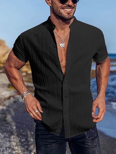 Men's Summer Striped Casual Short Sleeve Stand Collar Cross-border
