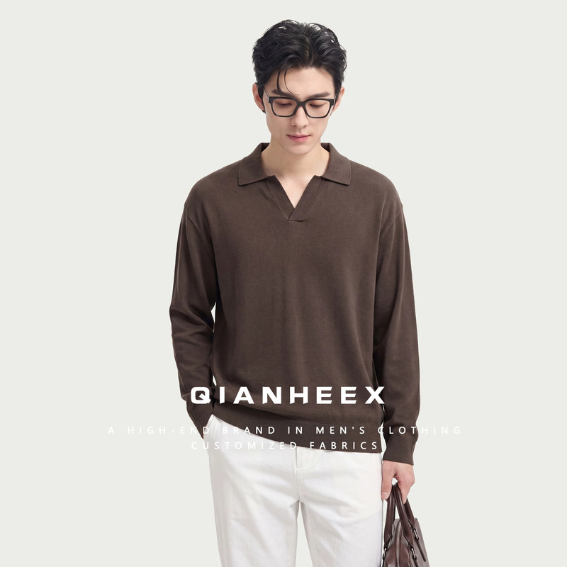 Old Money Style Seagull Collar Knit Polo Shirt for Men, Solid Color Turn-down Collar Long Sleeve Top, Light Luxury Casual Pullover Sweater