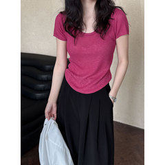 鹿西韓系U襟の肩の半袖の女性の夏の新型は腰を収めてやせているtシャツの百合の底のシャツの上着のss723を現します。