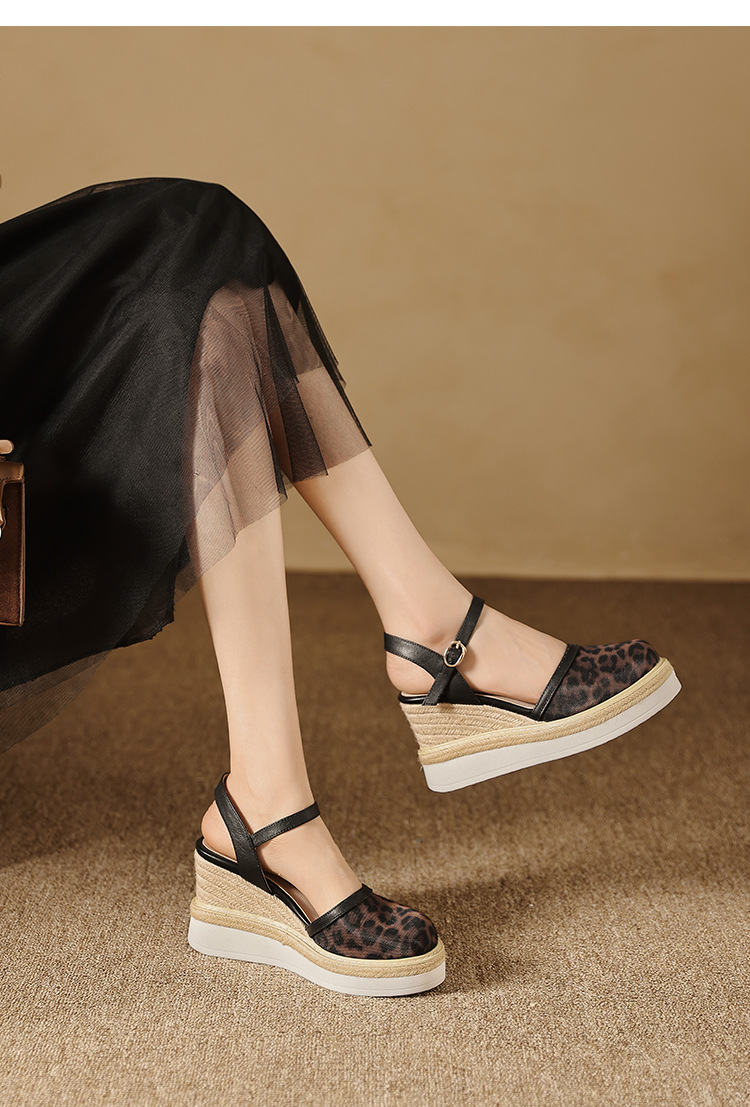 Sandal nữ đế xuồng cao gót lưới phong cách dân tộc Mary Jane mũi kín — màu đen chi tiết 8