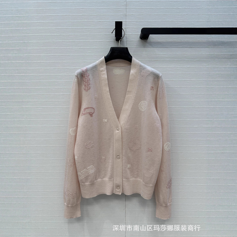 法式南油新款早秋时尚V领几何图案提花柔软羊绒长袖针织开衫百搭|undefined