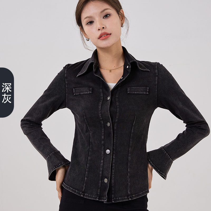 Nueva camisa de vaqueros con mangas de cuerno, camisa de vaqueros con cuello delgado, hebilla de metal elástica, chaqueta deportiva de fitness