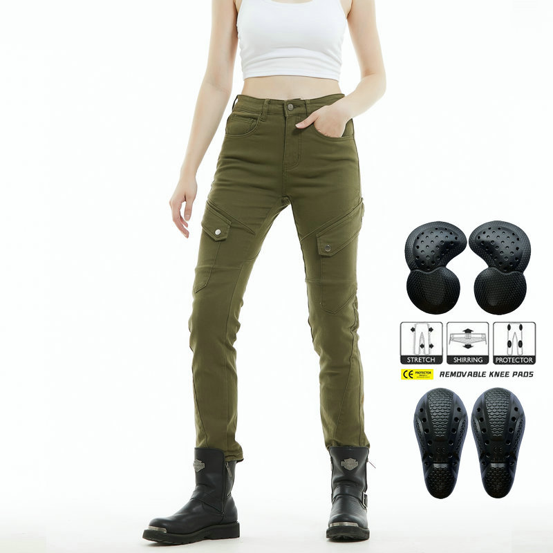 Volero motocicleta Caballero de las mujeres ejército verde ropa de trabajo pantalones de montar retro casual motocicleta incorporado rodillera resistente a la caída