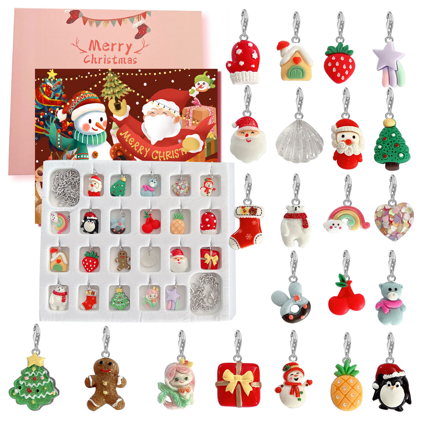 Nueva Navidad niñas joyería regalo cuenta atrás calendario Adviento DIY pulsera ciega caja de dibujos animados unicornio caja de regalo