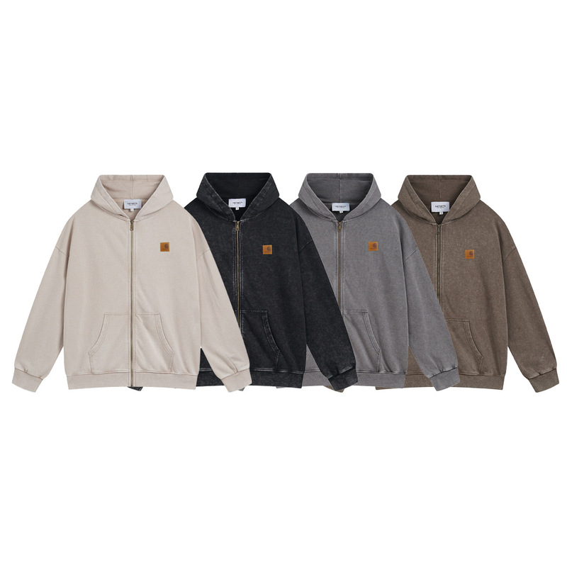 2025 New Carhartt Classic Leather Label Washed Men's Hooded Zipper Casual Sweatshirt Cross-Border Vintage Loose Top