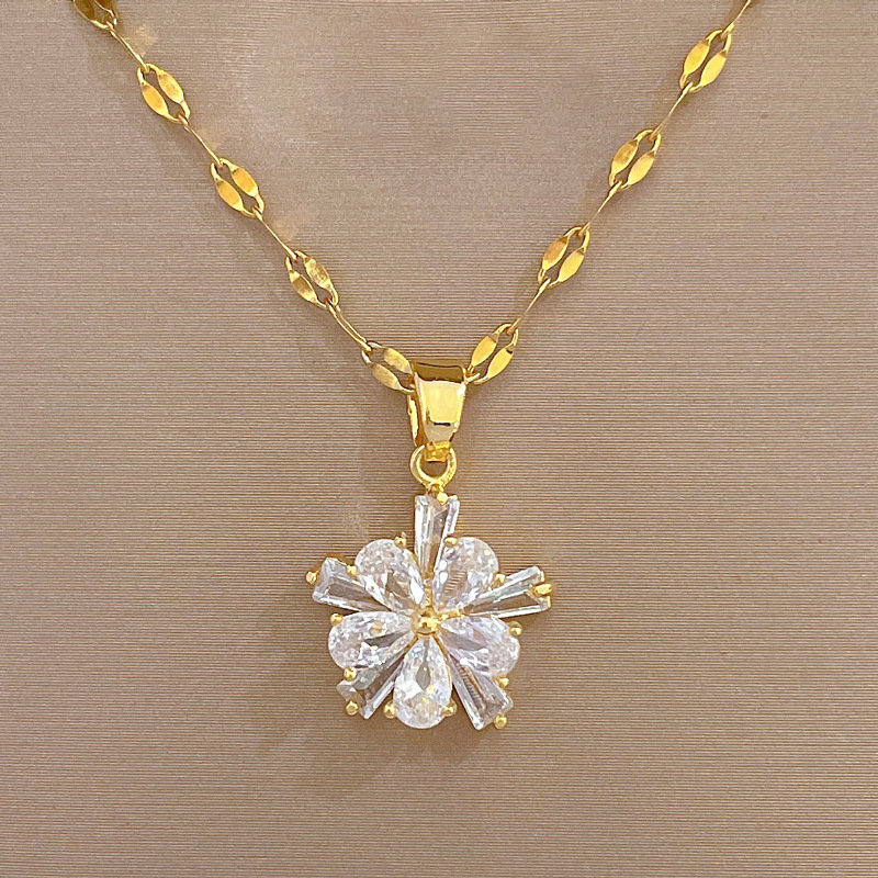 Date Occasion 304 Stainless Steel Material Golden Plated 304 Stainless Steel Electroplating Zircon Flower Sweet Earrings Necklace For Women'S