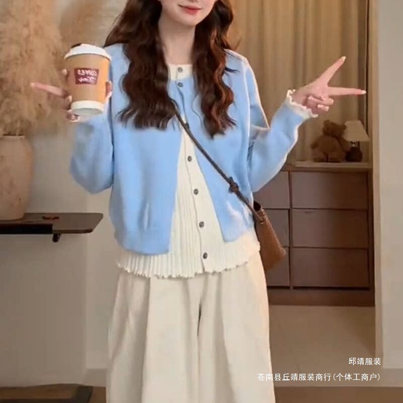 Women's gentle style versatile slimming sweater coat Korean layered aesthetic color-blocked faux two-piece lace knit cardigan Women's gentle style versatile slimming sweater coat Korean layered aesthetic color-blocked faux two-piece lace knit cardigan