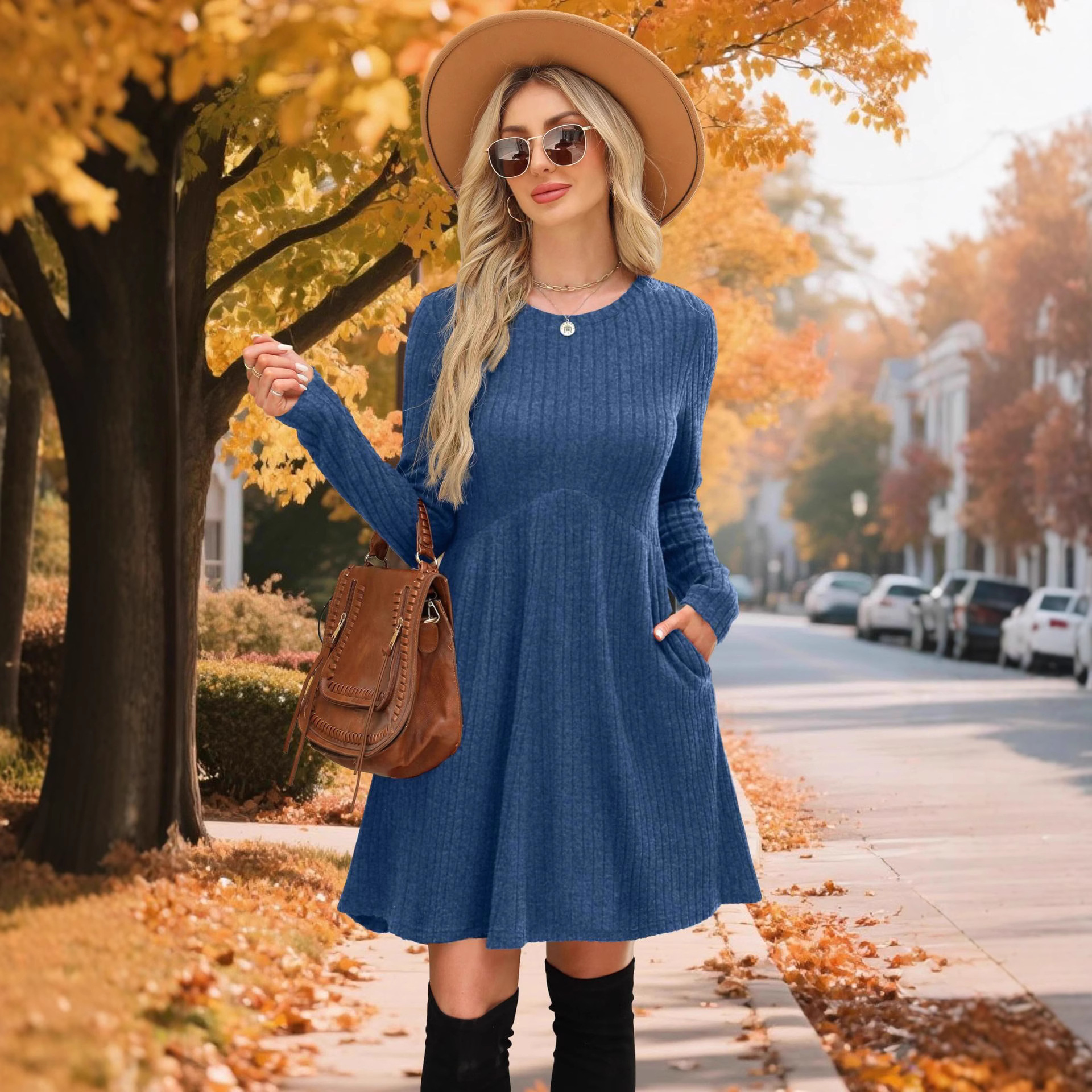 2025 Mid-Length Autumn Winter Bohemian Irregular Brushed Ribbed Solid Color Dress Women's Umbrella Skirt_voghion.com