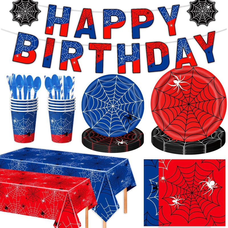 Red and Blue Spider-Themed Birthday Party Scene Decorations, Banners, Hanging Swirls, Posters, and French Fries Boxes