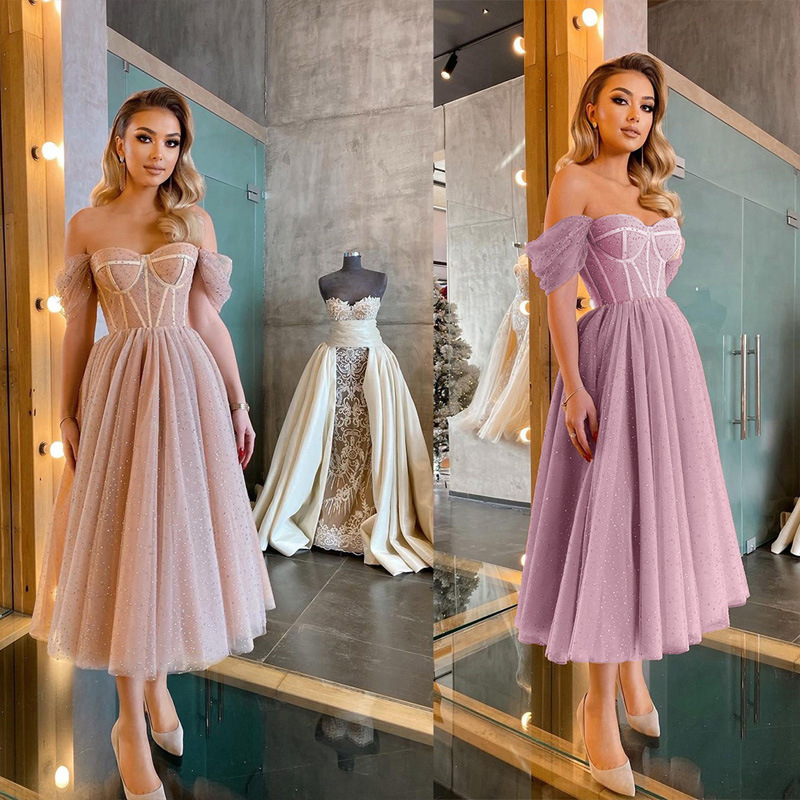 Estilo europeo y americano elegante lentejuelas princesa media longitud boda vestido de noche de moda rojo grande swing vestido de noche