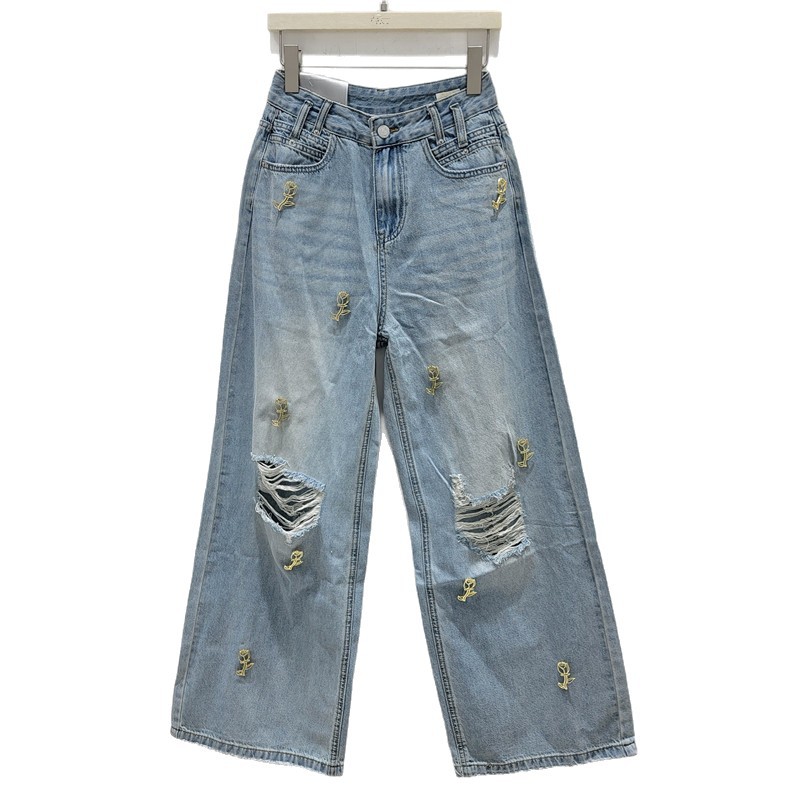 American Street Wind Metal Rose Decoration Jeans Diseño femenino Suelto Pantalones Jeans agujeros de cintura alta