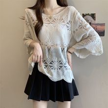 白枕鹤日系甜美清新蕾丝镂空开衫雪纺上新宽松领春夏时尚套头防