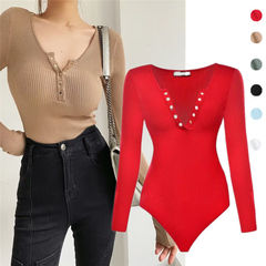 European and American style V-neck buttoned hot girl jumpsuit design long-sleeved sexy stretch slim solid color base shirt