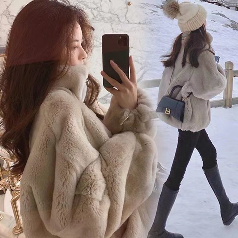 Abrigo de piel sintética de estilo coreano para mujer Otoño e Invierno suelto de piel de conejo Rex forrado de lana engrosado cuello de pie con cremallera suéter de felpa todo partido