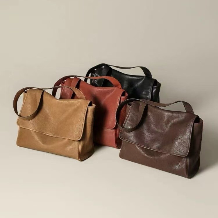 Minimalist Flap Messenger Bag For Women - Retro Versatile Commuter Large Capacity Top Grain Vegetable Tanned Cowhide Leather