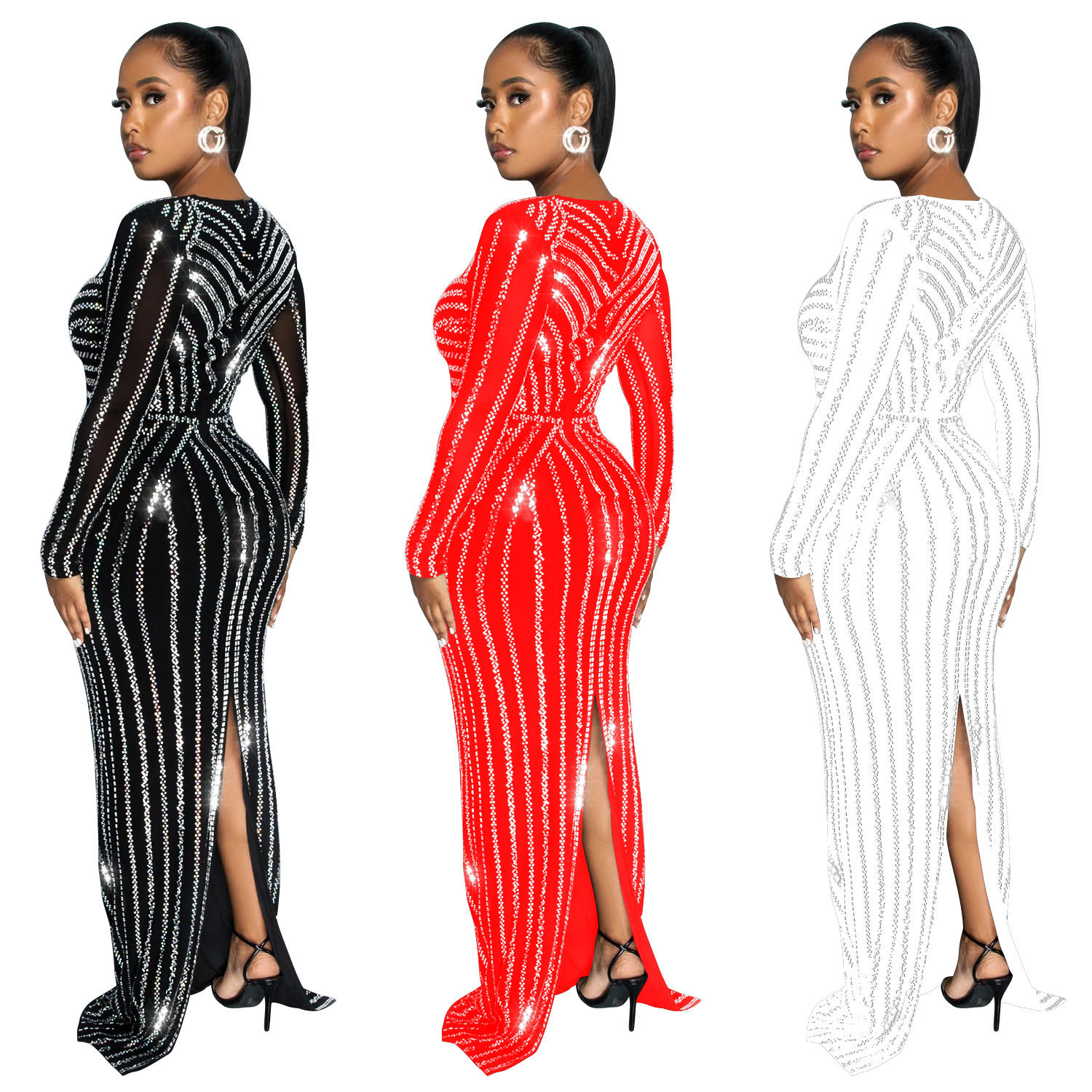 C6809 transfronteriza AliExpress Amazon moda europea y americana de las mujeres de color sólido rhinestone de manga larga vestido partido vestido