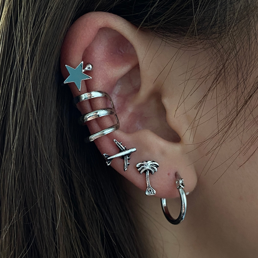 European And American Fashion Retro Ins Style Set Earrings Personality Creative Xingx Aircraft Coconut Tree 5-piece Set Ear Clips And Ear Studs display picture 2