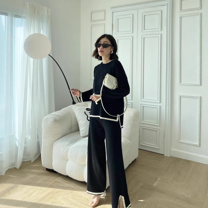 2025 Spring and Autumn New Style Contrast Color Slit Long Sleeve Sweater High Waist Slim Wide Leg Pants Two-Piece Suit
