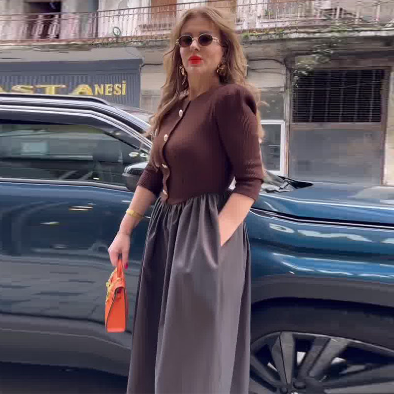 Autumn Women Clothing Color Contrast Stitching Design Long Sleeve Dress