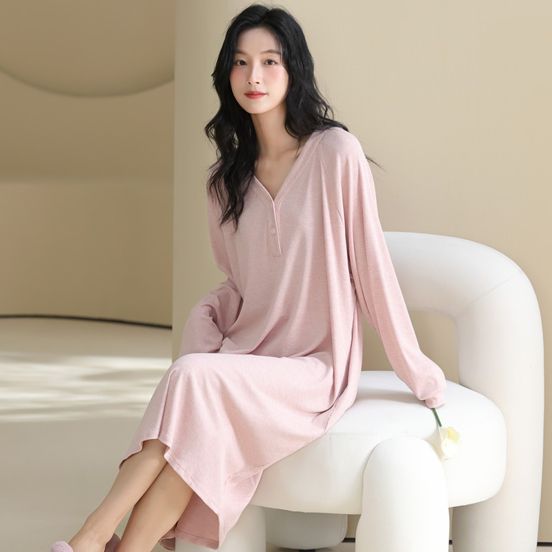 Can Be Shipped on Behalf of Others: Women's Spring and Autumn 2025 New Long-Sleeve Colorful Cotton Ribbed Nightgown, Long Dress for Outerwear Can Be Shipped on Behalf of Others: Women's Spring and Autumn 2025 New Long-Sleeve Colorful Cotton Ribbed Nightgown, Long Dress for Outerwear