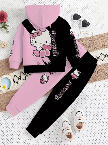 2-piece Hello Kitty girl pink and black color matching trendy digital print design set, including hooded guards