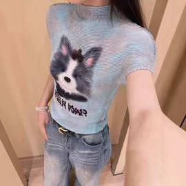 三宅褶皱女装新款上衣女夏季卡通童趣印花小高领修身弹力显瘦T恤