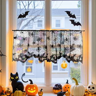 Cross-Border Amazon Halloween Party Decoration Short Curtain Black Spider Web Coffee Curtain Door Curtain Scene Layout Wholesale