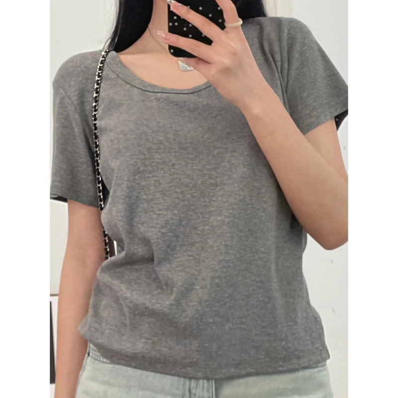 【Slimming Collarbone T-Shirt】Ribbed Cotton High-Weight Casual Versatile Solid Color U-Neck Short-Sleeve Regular Shoulder T-Shirt