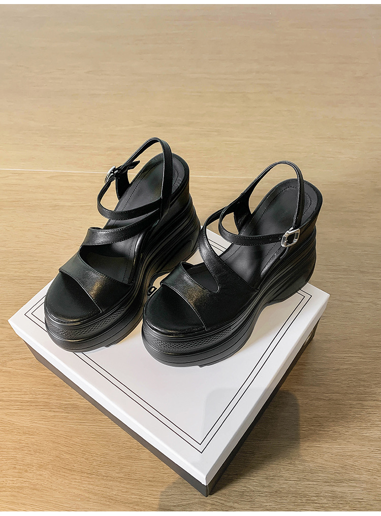 Sandal cao gót nữ hở mũi đế xuồng platform da bò thật, gót 12 cm, phong cách La Mã — màu đen, màu trắng, màu mơ chi tiết 22