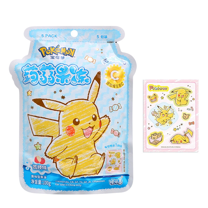 Снэк-пак Pokémon 100 г — стили Pikachu, Jigglypuff, Eevee; наклейки и фруктовая резинка для волос