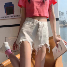 毛边白色牛仔短裤女夏高腰宽松阔腿a字热裤辣妹白色短裤女夏牛仔