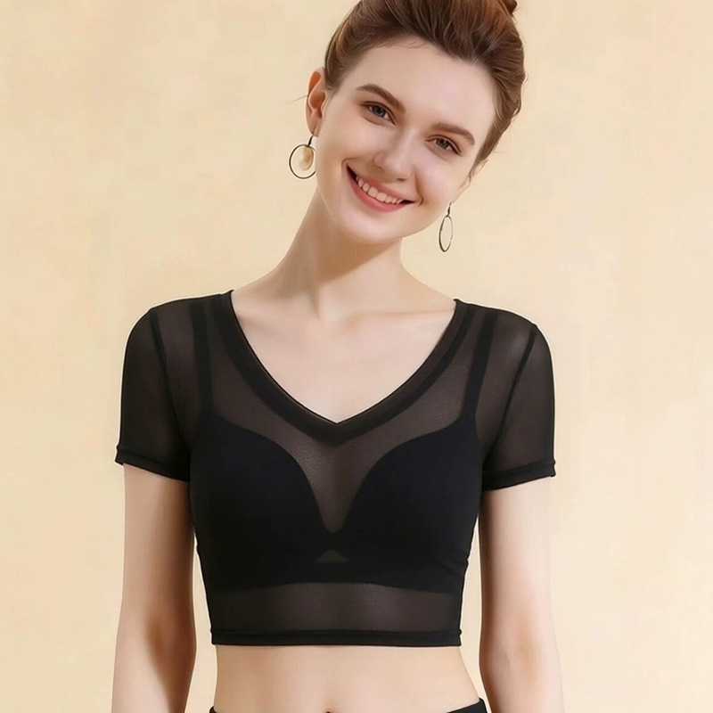 New Sexy See-Through V-Neck Short-Sleeve T-Shirt, Summer Slip Dress with Lace Inner Layer, Women's Base Shirt, Ice Silk Half-Top New Sexy See-Through V-Neck Short-Sleeve T-Shirt, Summer Slip Dress with Lace Inner Layer, Women's Base Shirt, Ice Silk Half-Top