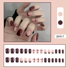 小紅書同款穿戴甲氣質顯白美甲片酒紅法式棋盤格指甲貼片成品批發