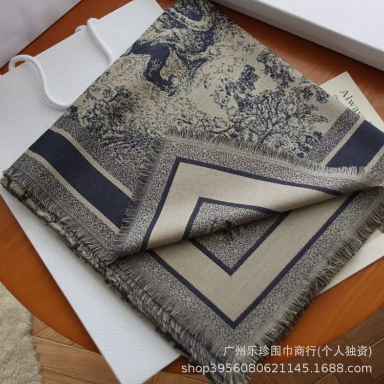 明星同款保暖披肩140方巾 丛林印花双面双色提花真丝羊毛围巾空调|undefined