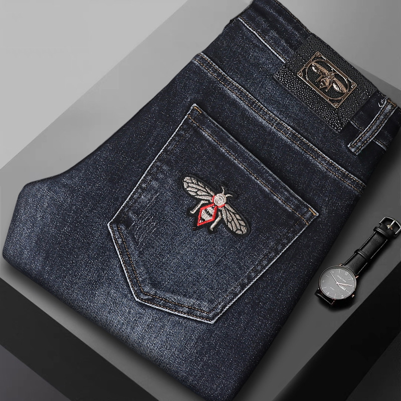 2024 New High-end Men's Jeans Autumn and Winter Stretch Slim Fit dark blue Casual Bees Pants