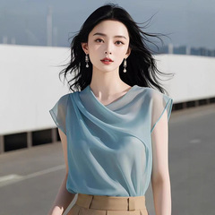 美しい妖精の風漂うブルー半袖シャツ女性用フレンチスタイルユニークでシックな年齢軽減シフォントップ夏2025