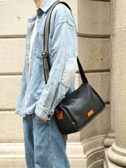 Leather Fashion Crossbody Bag for Men, Black Trendy Single Shoulder Bag, Genuine Cowhide Retro Shoulder Bag for Boys