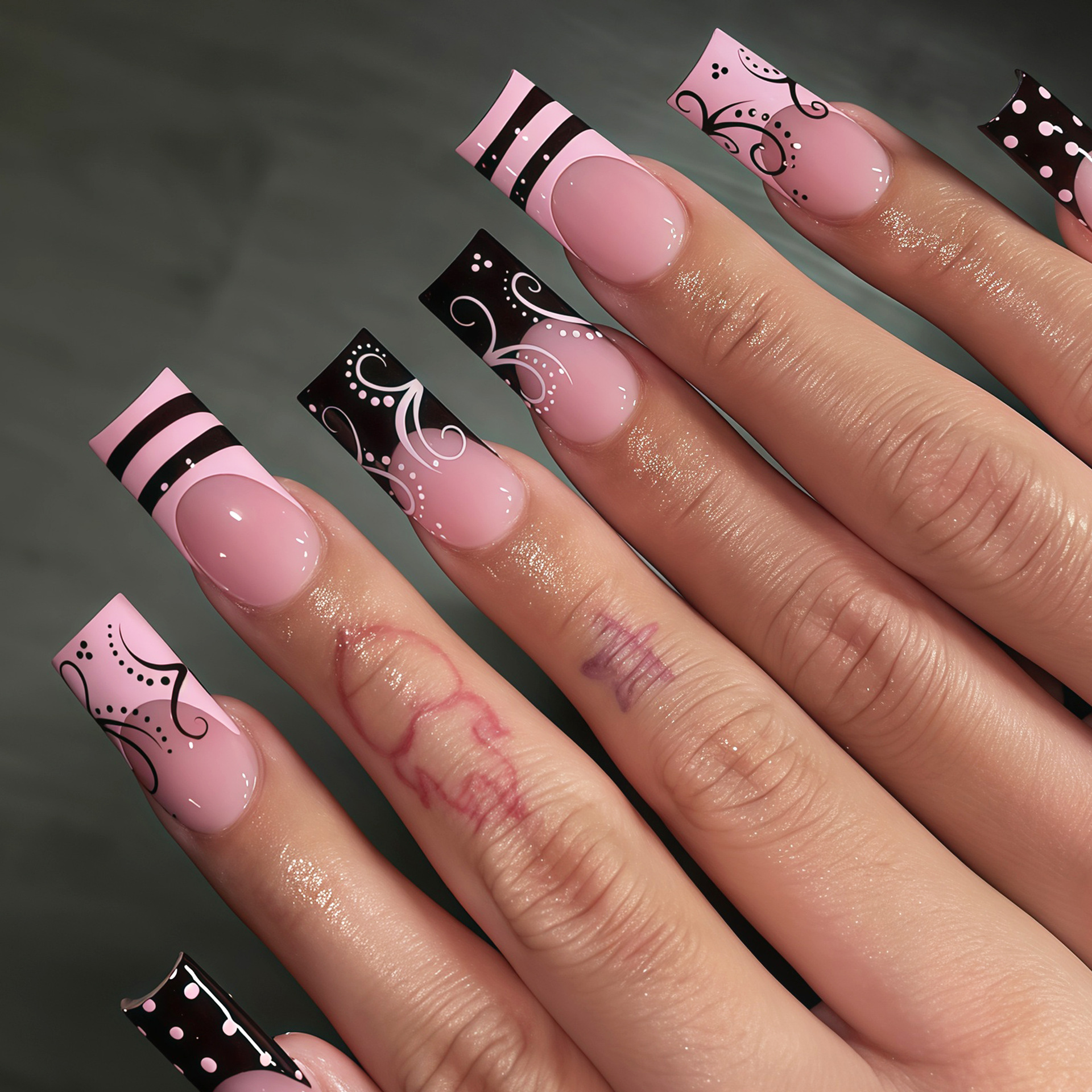 Spring and Summer Hot-Selling Pink and Black French-Style Polka Dot Fake Nails, Sweet and Cool Black Vine Stripe Polka Dot Manicure