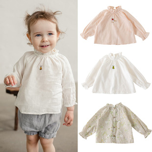 2025 Spring and Summer New Children's Shirt Bee Bird Handmade Embroidery Girls' Tops Plaid Girls Casual Shirts