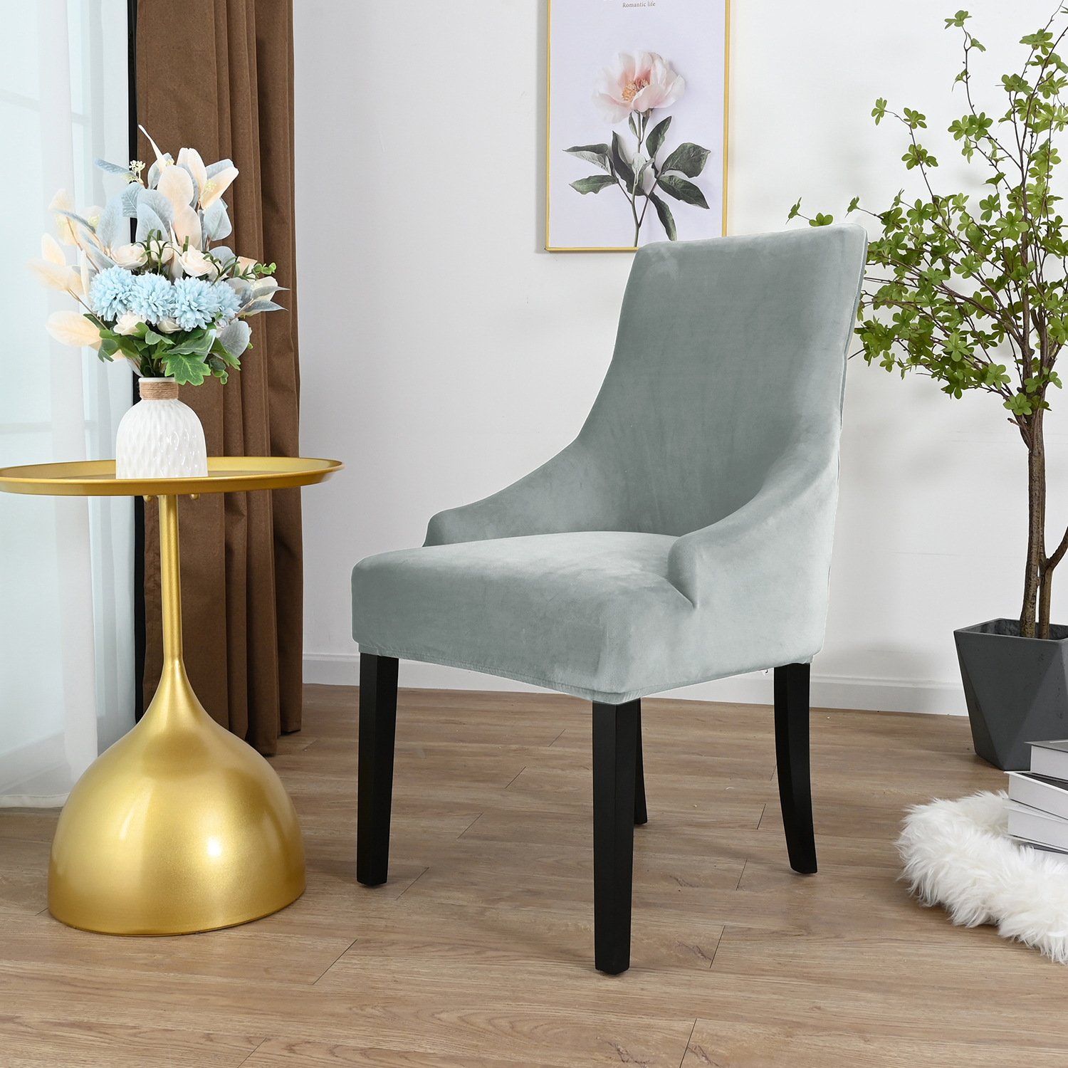 Amazon transfronterizo color sólido elástico plata de lana de fox estilo europeo cubierta de silla de comedor de hotel cubierta de polvo al por mayor