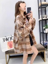 磨毛加厚毛呢格子衬衫女宽松中长款春秋季新款港味百搭衬衣外套潮