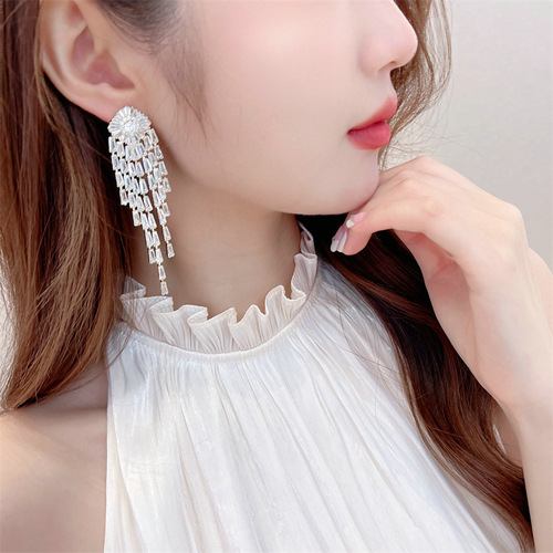 French elegant temperament exaggerated earrings wholesale women's super flash zircon inlaid light luxury high-end long tassel earrings