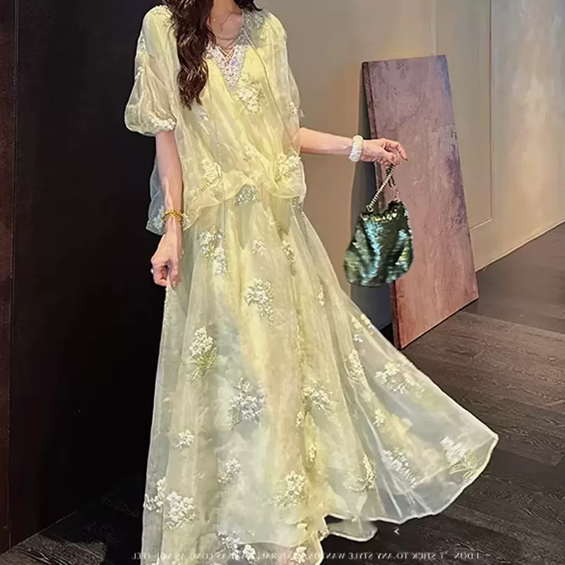 做货中【夏萤】重工特种珠绣织金晕染网纱连衣裙新中式2026夏季