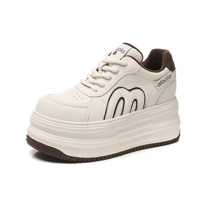 Giày sneaker nữ đế dày tăng chiều cao, phong cách đa năng, lót nhung ấm — gạo nâu