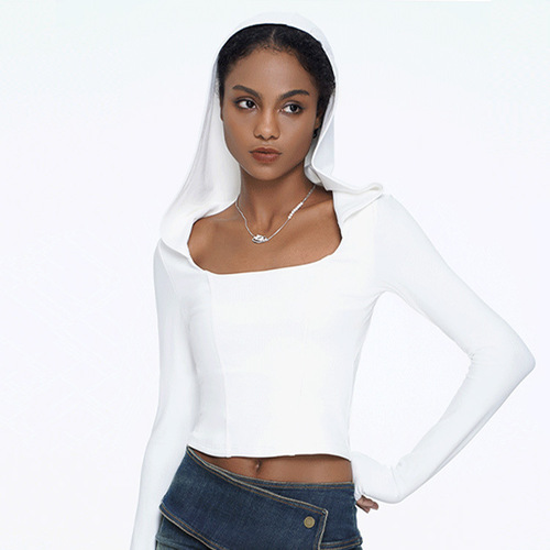 Women's European and American Cross-border Slimming Hooded Long-sleeved T-shirt Sports Top, Good for Losing Weight, Fitness, Running, Yoga, and Dancing, Can be Worn Outside