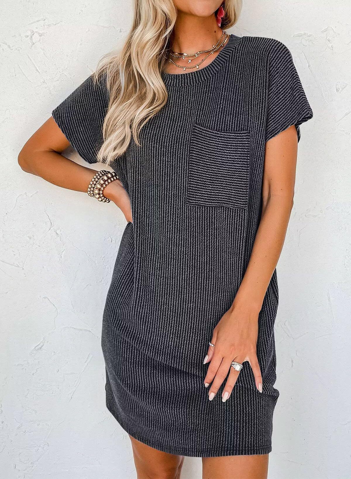 Women Summer Casual Contrast Color Wavy Stripes Short Sleeve Pocket Dress 13 Women Summer Casual Contrast Color Wavy Stripes Short Sleeve Pocket Dress